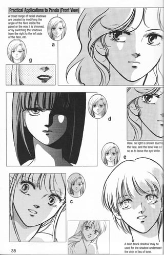 Practical Applications to
Abroad range of facial shadows
are created by modifying the
angle of the face inside the
panel or the way it is trimmed,
or by switching the shadows
from the right to the left side
of the face, etc.
Here, no light is shown touc
the face, and the tone was c -
so as to leave the eye white.
Asolid black shadow may be
used for the shadow underneatr
the chin in lieu of tone.
 