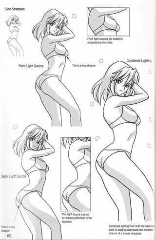 Side Shadows
Bac
This · c.·=.
shado.· .
6
Front light sources are suited to
emphasizing the chest.
This is a key shadow.
This light source is great
for drawing attention to the
backside.
t
Combined lighting from both the front
back is used to accentuate the feminine
charms of afemale character.
 