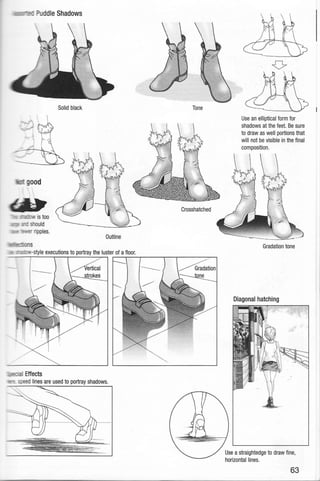 uddle Shadows
Solid black Tone
ood
Crosshatched
Outline
Use an elliptical form for
shadows at the feet. Be sure
to draw as well portions that
will not be visible in the final
composition.
Gradation tone
Diagonal hatching
Use a straightedge to draw fine,
horizontal lines.
63
 