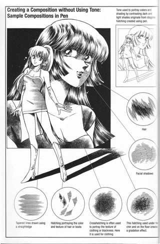 Creating a Composition without Using Tone: Tone used to portray colors an
shading by contrasting dark an:
light shades originate from dia[
hatching created using pen.
Sample Compositions in Pen
------
ape ed lines drawn using Hatching portraying the color
astraightedge and texture of hair or boots
Crosshatching is often used
to portray the texture of
clothing or blackness. Here
it is used for clothing.
Hair
Facial shadows
This hatching used under _
chin and on the floor crea·-
a gradation effect.
 