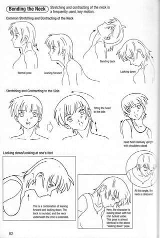 (Bending the Neck) Stretching and contracting .of the neck is
- afrequently used, key mot1on.
Common Stretching and Contracting of the Neck
Normal pose Leaning forward
Stretching and Contracting to the Side
82
This is a combination of leaning
forward and looking down.The
back is rounded, and the neck
underneath the chin is extended.
Tilting the head
to the side
Looking down
Head held relatively uprig
with shoulders raised
Here, the character is
looking down with her
chintucked under.
This pose is almost
identical to the above
"looking down" pose.
 