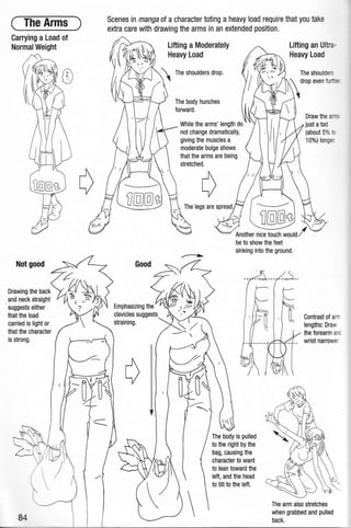 ( The Arms )
Carrying a Load of
Normal Weight
Not good
Drawing the back
.and neck straight
suggests either
that the load
carried is light or
that the character
is strong.
84
---
Scenes in manga of a character toting a heavy load require that you take
extra care with drawing the arms in an extended position.
Good
Emphasizing the
clavicles suggests
straining.
Lifting a Moderately
Heavy Load
The body hunches
forward.
While the arms' length do
not change dramatically,
giving the muscles a
moderate bulge shows
that the arms are being
stretched.

The body is pulled
to the right by the
bag, causing the
character to want
to lean toward the
left, and the head
to tilt to the left.
Lifting an Ulm
Heavy Load
Contrast of ar
lengths: Ora
the forearm a:
wrist narrow
The arm also stretches
when grabbed and pulled
back.
 