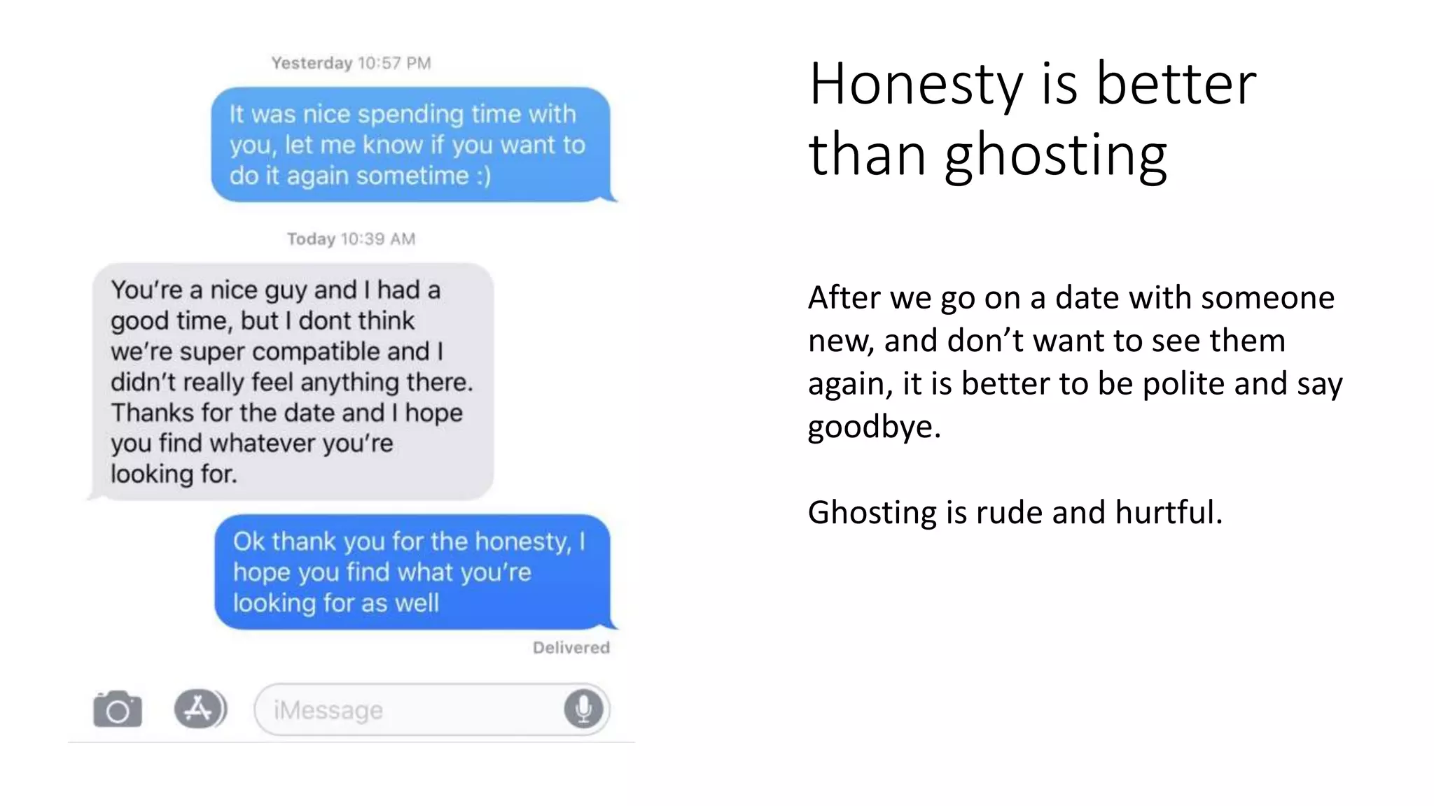 Honesty is better
than ghosting
After we go on a date with someone
new, and don’t want to see them
again, it is better to be polite and say
goodbye.
Ghosting is rude and hurtful.
 