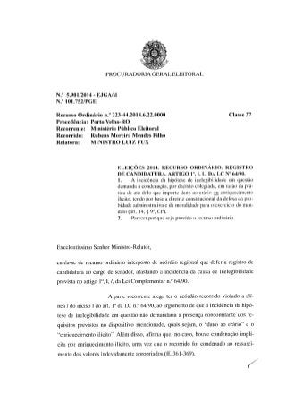 Procurador eleitoral quer barrar, no TSE, candidatura de Moreira Mendes ao Senado