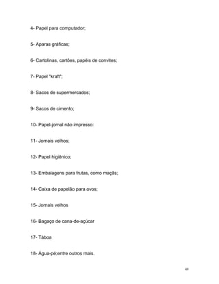 48
4- Papel para computador;
5- Aparas gráficas;
6- Cartolinas, cartões, papéis de convites;
7- Papel "kraft";
8- Sacos de supermercados;
9- Sacos de cimento;
10- Papel-jornal não impresso:
11- Jornais velhos;
12- Papel higiênico;
13- Embalagens para frutas, como maçãs;
14- Caixa de papelão para ovos;
15- Jornais velhos
16- Bagaço de cana-de-açúcar
17- Táboa
18- Água-pé;entre outros mais.
 