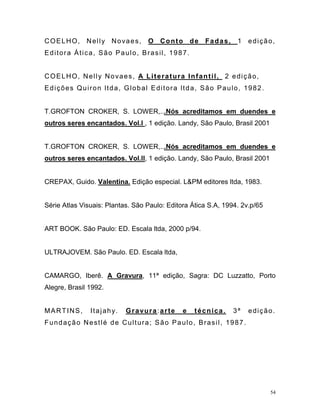 54
COELHO, Nelly Novaes, O Conto de Fadas, 1 edição,
Editora Ática, São Paulo, Brasil, 1987.
COELHO, Nelly Novaes, A Literatura Infantil, 2 edição,
Edições Quiron ltda, Global Editora ltda, São Paulo, 1982.
T.GROFTON CROKER, S. LOWER,...Nós acreditamos em duendes e
outros seres encantados. Vol.l , 1 edição. Landy, São Paulo, Brasil 2001
T.GROFTON CROKER, S. LOWER,...Nós acreditamos em duendes e
outros seres encantados. Vol.ll, 1 edição. Landy, São Paulo, Brasil 2001
CREPAX, Guido. Valentina. Edição especial. L&PM editores ltda, 1983.
Série Atlas Visuais: Plantas. São Paulo: Editora Ática S.A, 1994. 2v.p/65
ART BOOK. São Paulo: ED. Escala ltda, 2000 p/94.
ULTRAJOVEM. São Paulo. ED. Escala ltda,
CAMARGO, Iberê. A Gravura, 11ª edição, Sagra: DC Luzzatto, Porto
Alegre, Brasil 1992.
MARTINS, Itajahy. Gravura:arte e técnica. 3ª edição.
Fundação Nestlé de Cultura; São Paulo, Brasil, 1987.
 