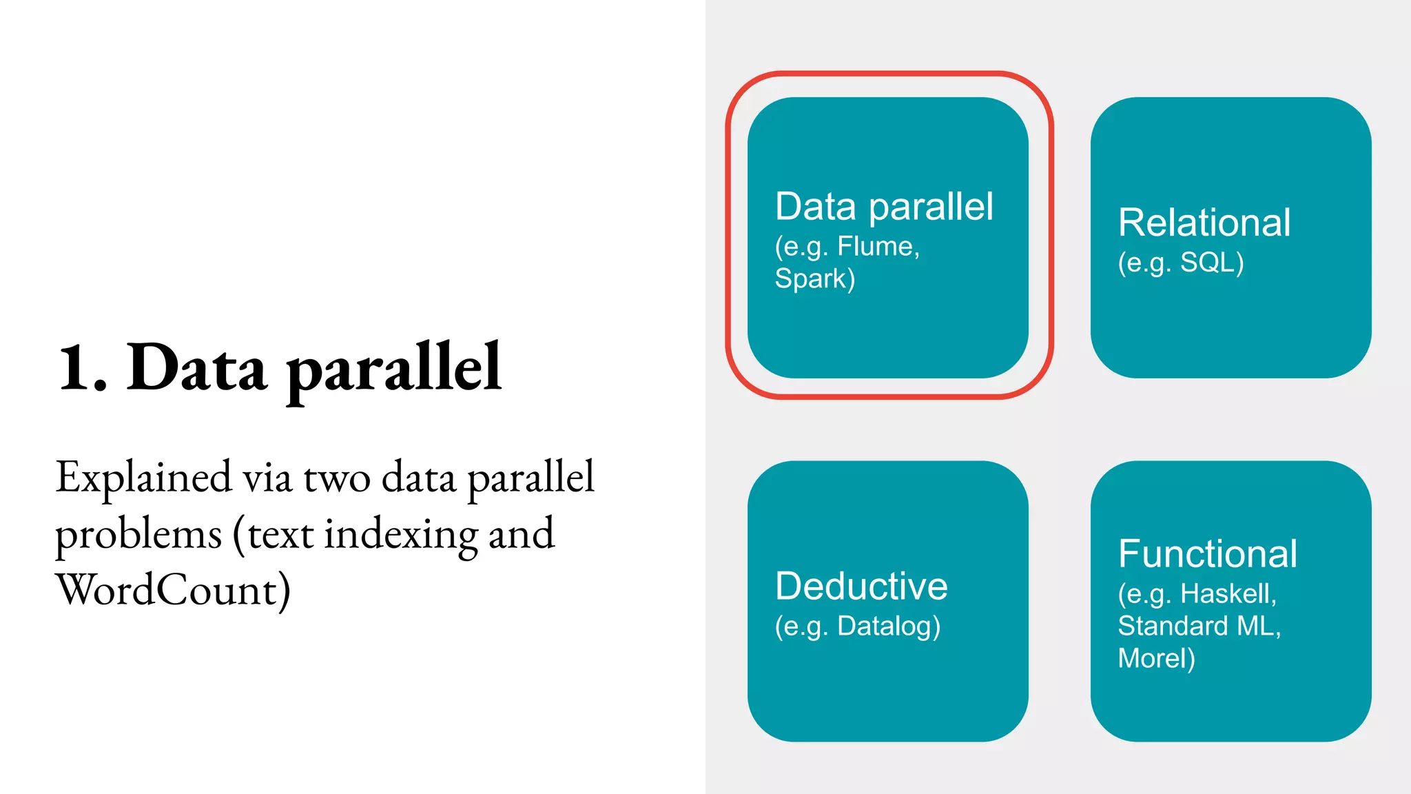 1. Data parallel
Data parallel
(e.g. Flume,
Spark)
Relational
(e.g. SQL)
Functional
(e.g. Haskell,
Standard ML,
Morel)
Deductive
(e.g. Datalog)
Explained via two data parallel
problems (text indexing and
WordCount)
 