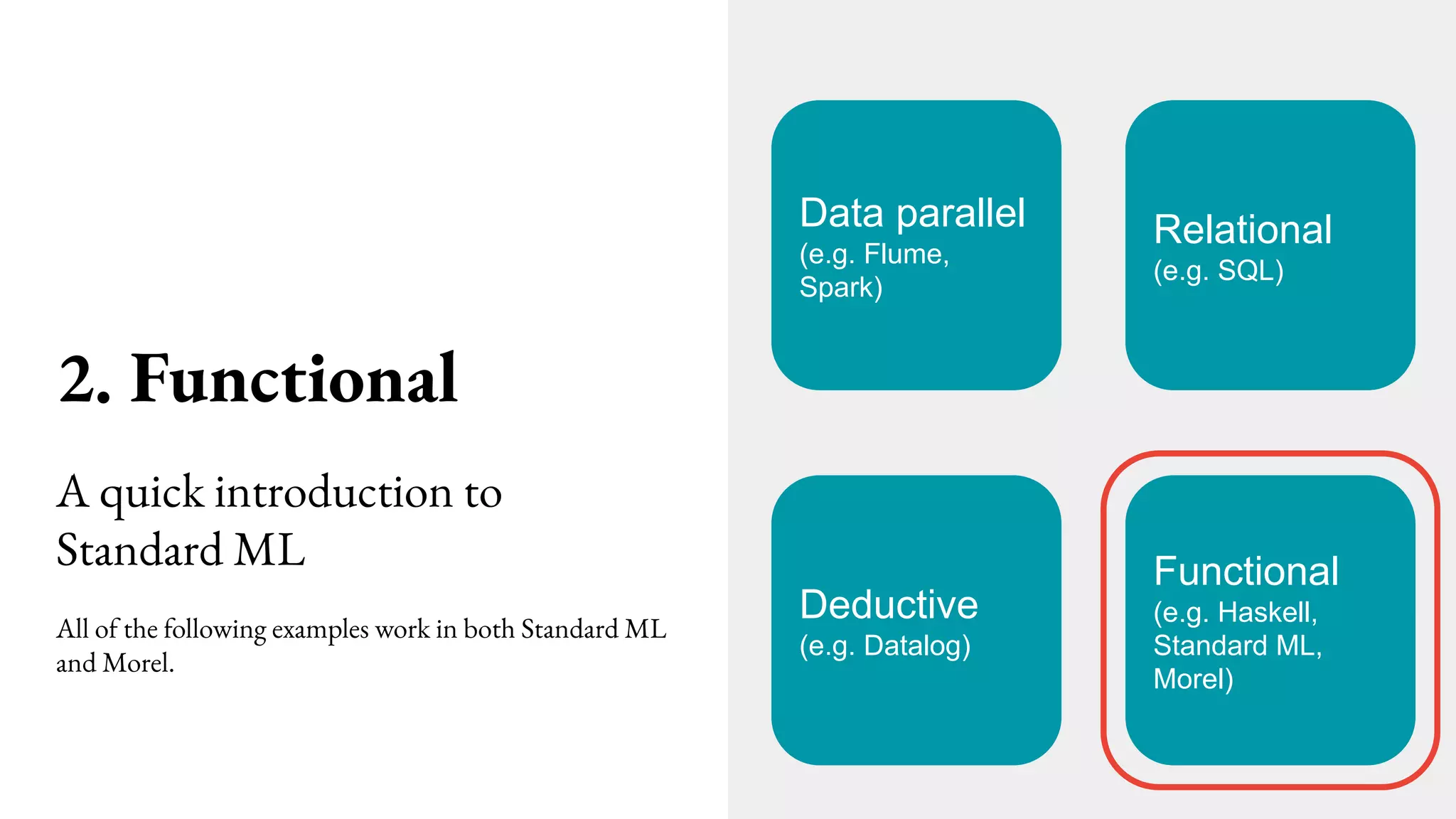 2. Functional
Data parallel
(e.g. Flume,
Spark)
Relational
(e.g. SQL)
Functional
(e.g. Haskell,
Standard ML,
Morel)
Deductive
(e.g. Datalog)
A quick introduction to
Standard ML
All of the following examples work in both Standard ML
and Morel.
 