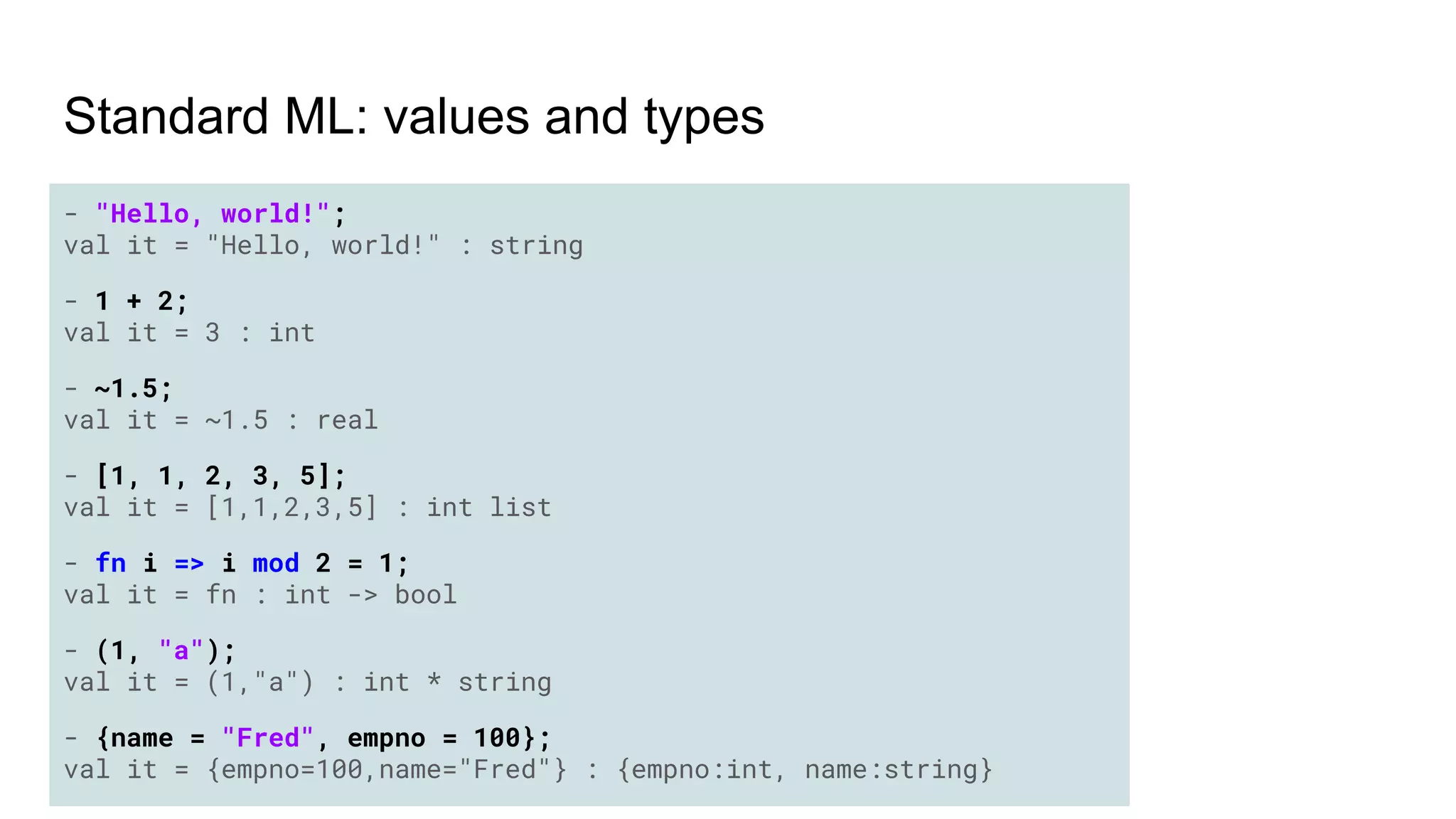 Standard ML: values and types
- "Hello, world!";
val it = "Hello, world!" : string
- 1 + 2;
val it = 3 : int
- ~1.5;
val it = ~1.5 : real
- [1, 1, 2, 3, 5];
val it = [1,1,2,3,5] : int list
- fn i => i mod 2 = 1;
val it = fn : int -> bool
- (1, "a");
val it = (1,"a") : int * string
- {name = "Fred", empno = 100};
val it = {empno=100,name="Fred"} : {empno:int, name:string}
 