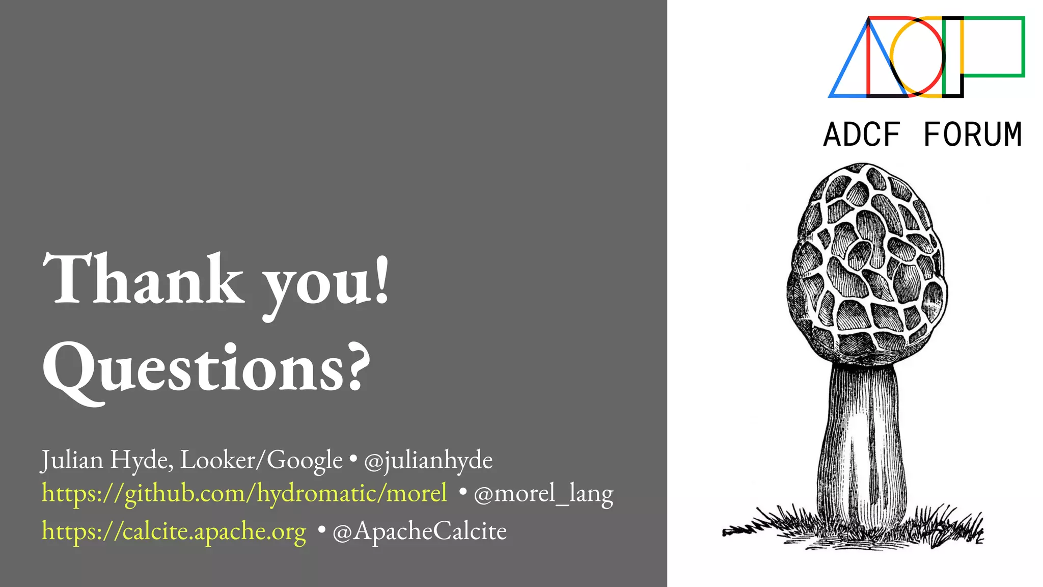 Thank you!
Questions?
Julian Hyde, Looker/Google • @julianhyde
https://github.com/hydromatic/morel • @morel_lang
https://calcite.apache.org • @ApacheCalcite
 