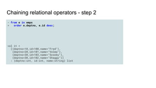 Chaining relational operators - step 2
- from e in emps
= order e.deptno, e.id desc;
val it =
[{deptno=10,id=100,name="Fre...