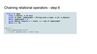Chaining relational operators - step 6
- from e in emps
= order e.deptno, e.id desc
= yield {e.name, nameLength = String.s...
