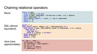 Chaining relational operators
Morel from e in emps
order e.deptno, e.id desc
yield {e.name, nameLength = String.size e.nam...