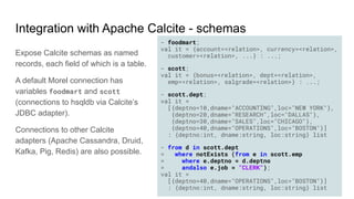 Integration with Apache Calcite - schemas
Expose Calcite schemas as named
records, each field of which is a table.
A defau...