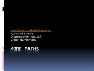 1
MORE MATHS
www.ArchitectureDesignCareers.com
Studio SreejanShilpa
Chittaranjan Park , New Delhi
9818541252, 7838731710
 
