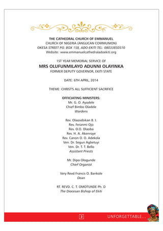 1st Year Memorial Service of Mrs Funmilayo Adunni OLAYINKA