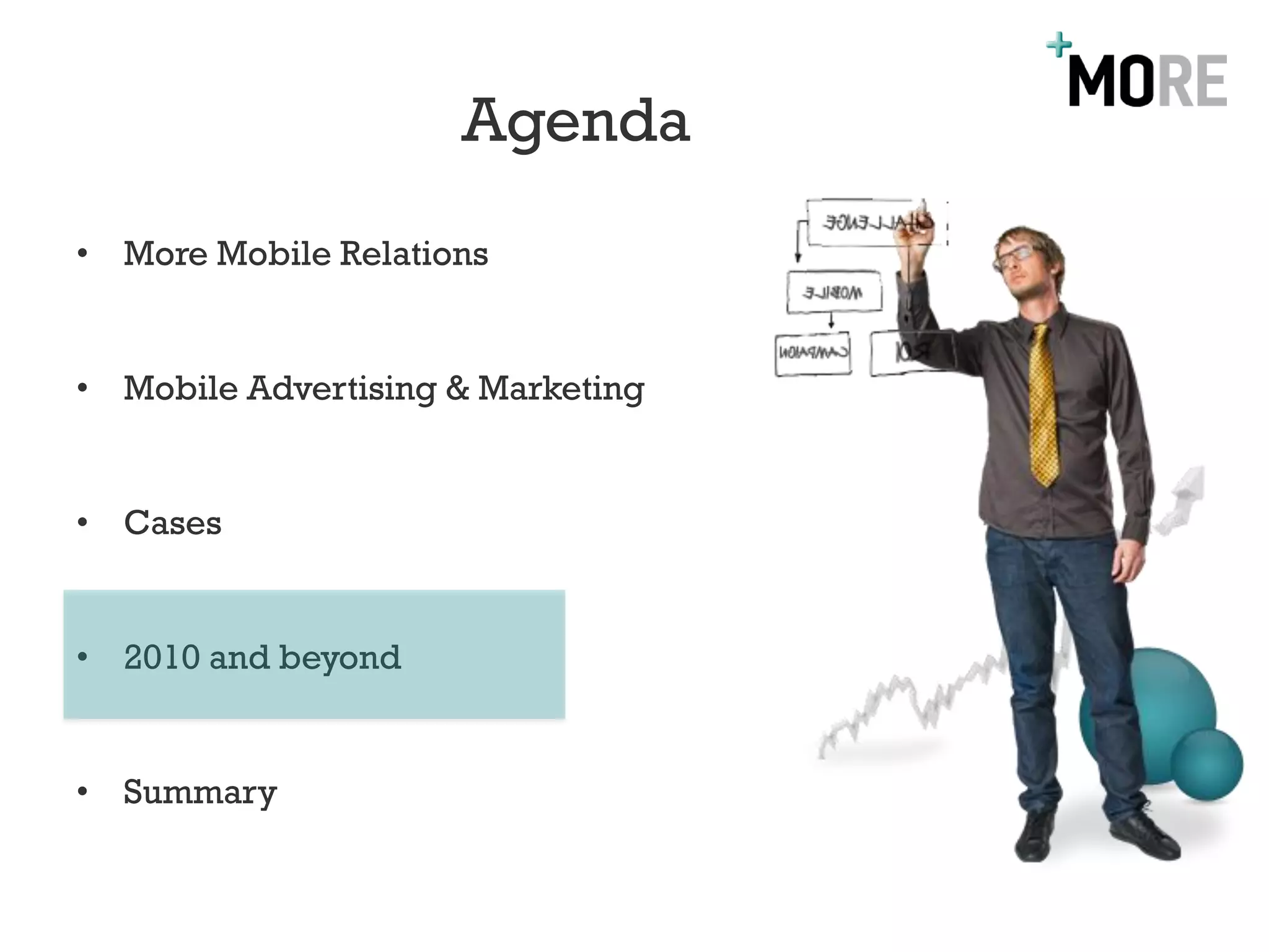 Agenda
• More Mobile Relations


• Mobile Advertising & Marketing


• Cases


• 2010 and beyond


• Summary
 
