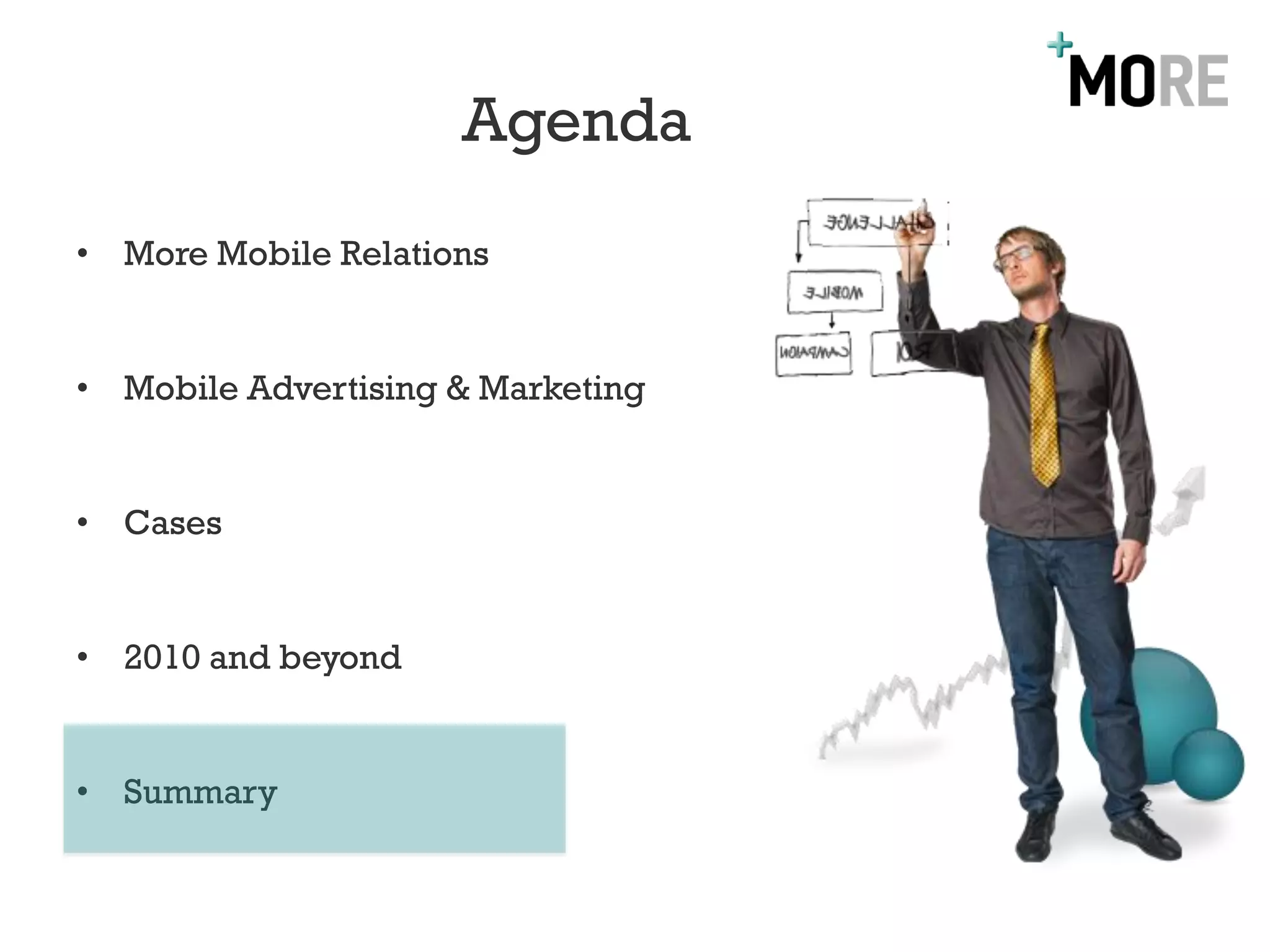Agenda
• More Mobile Relations


• Mobile Advertising & Marketing


• Cases


• 2010 and beyond


• Summary
 