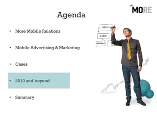 Agenda
• More Mobile Relations


• Mobile Advertising & Marketing


• Cases


• 2010 and beyond


• Summary
 