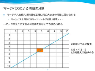 マージパスによる問題の分割
l  マージパスを使えば問題を正確に同じ⼤大きさの問題に分けられる
–  マージパスを得るにはマージソートが必要（循環・・）
→マージパスとの交差点は全体を⾒見見なくても求められる
15
0 1 3 5 6 6 7 9 10
1
2
2
4
7
8
9
9
10
この線上で二分探索
X[i] < Y[8 – i]
となる最大のiを求める	
 