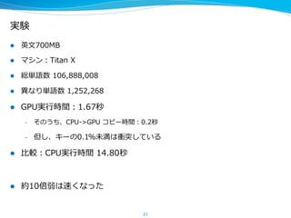 実験
l  英⽂文700MB
l  マシン：Titan  X
l  総単語数  106,888,008
l  異異なり単語数  1,252,268
l  GPU実⾏行行時間：1.67秒
–  そのうち、CPU-‐‑‒>GPU  コピー時間：0.2秒
–  但し、キーの0.1%未満は衝突している
l  ⽐比較：CPU実⾏行行時間  14.80秒
l  約10倍弱は速くなった
21
 