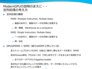 ModernGPUの説明のまえに・・
並列列処理理の考え⽅方
l  並列列処理理の種類
–  MIMD（Multiple  Instruction,  Multiple  Data)
u  複数の命令令で、複数のデータを同時に処理理する
u  例例：PESY-‐‑‒SC(睡蓮)、datacenter  as  a  computer
–  SIMD（Single  Instruction,  Multiple  Data)
u  ⼀一つの命令令で、複数のデータを同時に処理理する
u  例例：SSE
l  GPUはMIMD  +  SIMD（彼らはSIMTと呼んでいる）
–  各ストリームプロセッサ(SM）は独⽴立立に動作し異異なるデータを扱う  MIMD
–  各SMはwarp単位（今は16〜～32）で同じ命令令でデータをまとめて処理理をするSIMD
u  全てのデータアクセスはgather/scatter
–  各SMは⼗十分な量量のスレッドを持ち、データが揃ったスレッドから
実⾏行行することでレイテンシを隠す 6
 