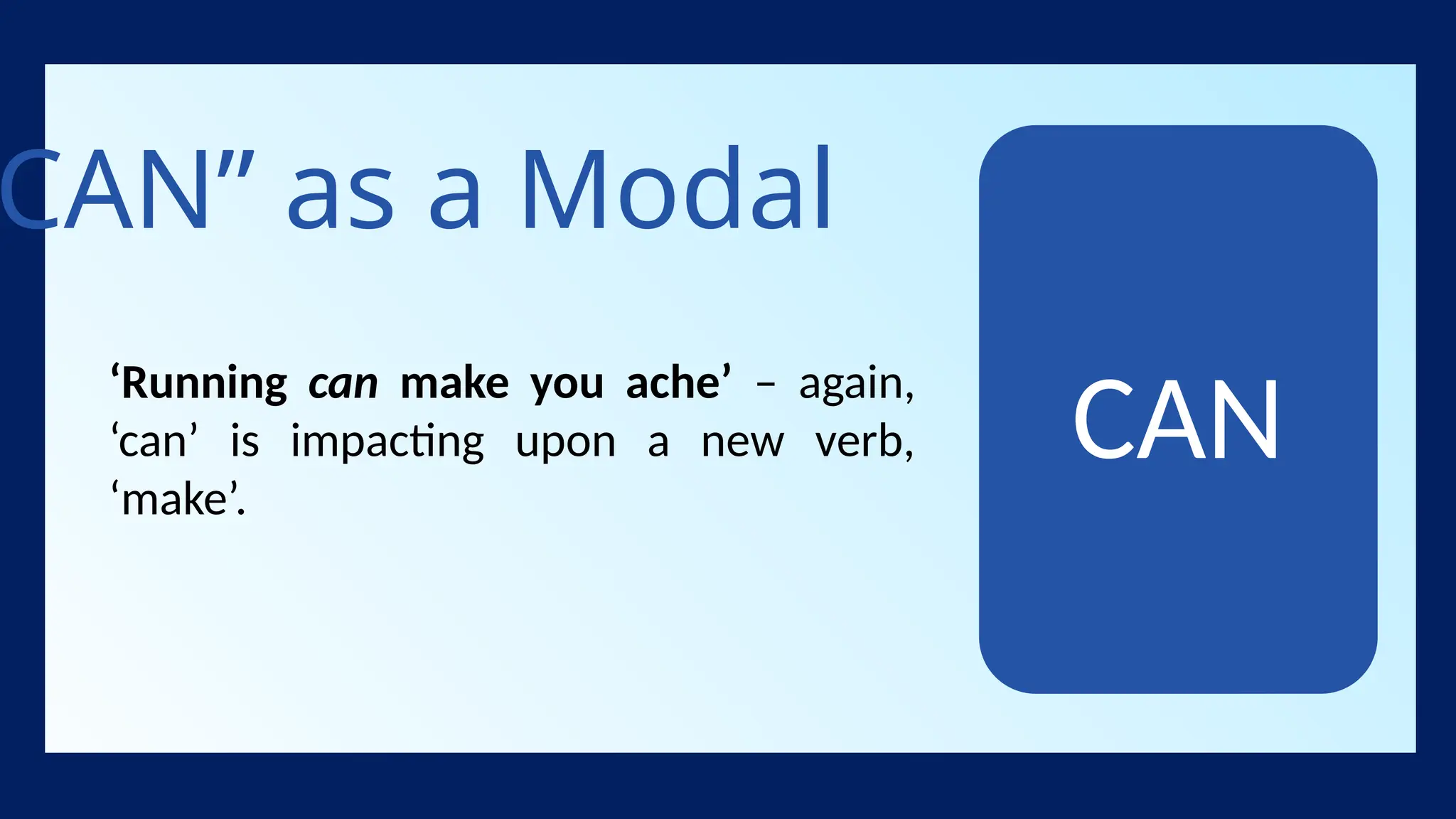 CAN” as a Modal
‘Running can make you ache’ – again,
‘can’ is impacting upon a new verb,
‘make’.
CAN
 