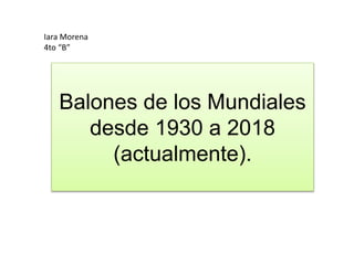Balones de los Mundiales
desde 1930 a 2018
(actualmente).
Iara Morena
4to “B”
 