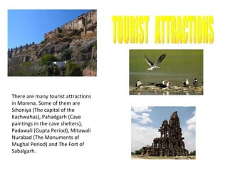 TOURIST  ATTRACTIONS There are many tourist attractions in Morena. Some of them are Sihoniya (The capital of the Kachwahas), Pahadgarh (Cave paintings in the cave shelters), Padawali (Gupta Period), Mitawali Nurabad (The Monuments of Mughal Period) and The Fort of Sabalgarh. 