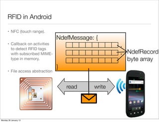 RFID in Android

      • NFC (touch range).
                                  NdefMessage: {
      • Callback on activities                        ,
        to detect RFID tags
        with subscribed MIME-                         , NdefRecord
        type in memory.                                 byte array
                                  }
      • File access abstraction



                                      read    write




Monday 28 January 13
 