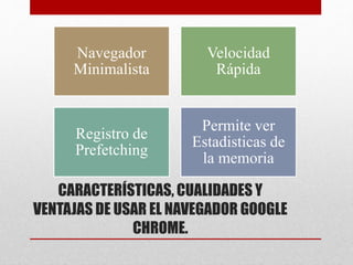 CARACTERÍSTICAS, CUALIDADES Y
VENTAJAS DE USAR EL NAVEGADOR GOOGLE
CHROME.
Navegador
Minimalista
Velocidad
Rápida
Registro de
Prefetching
Permite ver
Estadisticas de
la memoria
 