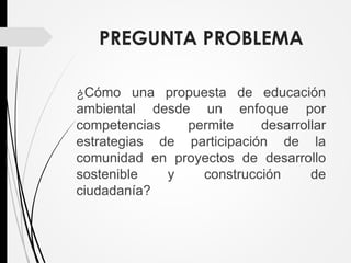 PREGUNTA PROBLEMA
¿Cómo una propuesta de educación
ambiental desde un enfoque por
competencias permite desarrollar
estrategias de participación de la
comunidad en proyectos de desarrollo
sostenible y construcción de
ciudadanía?
 
