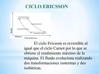 CICLO ERICSSON
El ciclo Ericsson es reversible al
igual que el ciclo Carnot por lo que se
obtiene el rendimiento máximo de la
máquina. El fluido evoluciona realizando
dos transformaciones isotermas y dos
isobáricas.
 