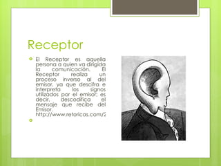 Receptor
   El Receptor es aquella
    persona a quien va dirigida
    la      comunicación.      El
    Receptor      realiza     un
    proceso inverso al del
    emisor, ya que descifra e
    interpreta     los    signos
    utilizados por el emisor; es
    decir,     descodifica     el
    mensaje que recibe del
    Emisor.
    http://www.retoricas.com/2009/05/el-receptor-en-comunicacion.html

 