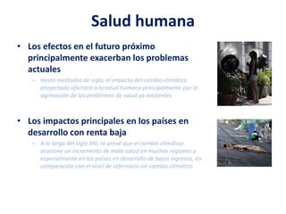 Salud humana
• Los efectos en el futuro próximo
principalmente exacerban los problemas
actuales
– Hasta mediados de siglo, el impacto del cambio climático
proyectado afectará a la salud humana principalmente por la
agravación de los problemas de salud ya existentes
• Los impactos principales en los países en
desarrollo con renta baja
– A lo largo del siglo XXI, se prevé que el cambio climático
ocasione un incremento de mala salud en muchas regiones y
especialmente en los países en desarrollo de bajos ingresos, en
comparación con el nivel de referencia sin cambio climático
 