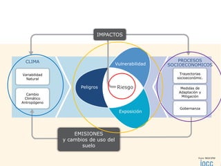 PROCESOS
SOCIOECONOMICOS
Trayectorias
socioeconómic.
Medidas de
Adaptación y
Mitigación
Gobernanza
CLIMA
Variabilidad
Natural
Cambio
Climático
Antropógeno
RiesgoPeligros
Exposición
Vulnerabilidad
IMPACTOS
EMISIONES
y cambios de uso del
suelo
 