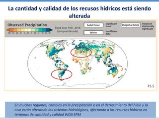 TS.5
La cantidad y calidad de los recusos hídricos está siendo
alterada
En muchas regiones, cambios en la precipitación o en el derretimiento del hielo y la
nive están alterando los sistemas hidrológicos, afectando a los recursos hídricos en
términos de cantidad y calidad WGII SPM
 