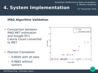 4. System Implementation
21
IPAQ Algorithm Validation
● Comparison between
IPAQ MET estimation
and Google Fit's
Calorie Co...