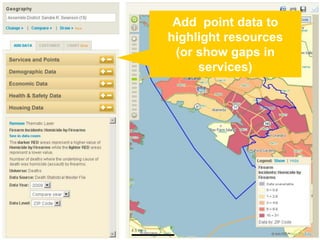 Add point data to
highlight resources
 (or show gaps in
     services)
 