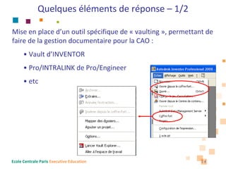 Quelques éléments de réponse – 1/2

Mise en place d’un outil spécifique de « vaulting », permettant de 
faire de la gestion documentaire pour la CAO :
      • Vault d’INVENTOR
      • Pro/INTRALINK de Pro/Engineer
      • etc




Ecole Centrale Paris Executive Education                      14
 