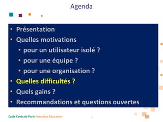 Agenda


 • Présentation
 • Quelles motivations 
    • pour un utilisateur isolé ?
    • pour une équipe ?
    • pour une organisation ?
 • Quelles difficultés ?
 • Quels gains ?
 • Recommandations et questions ouvertes
Ecole Centrale Paris Executive Education        28   28
 
