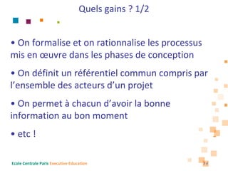 Quels gains ? 1/2


• On formalise et on rationnalise les processus 
mis en œuvre dans les phases de conception
• On définit un référentiel commun compris par 
l’ensemble des acteurs d’un projet
• On permet à chacun d’avoir la bonne 
information au bon moment
• etc !

Ecole Centrale Paris Executive Education               34
 