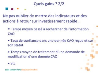 Quels gains ? 2/2

Ne pas oublier de mettre des indicateurs et des 
actions à retour sur investissement rapide :
    • Temps moyen passé à rechercher de l’information 
    CAO
    • Taux de confiance dans une donnée CAO reçue et sur 
    son statut
    • Temps moyen de traitement d’une demande de  
    modification d’une donnée CAO
    • etc
 Ecole Centrale Paris Executive Education               35
 