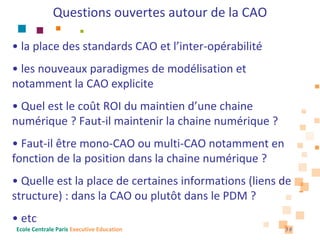 Questions ouvertes autour de la CAO

• la place des standards CAO et l’inter‐opérabilité
• les nouveaux paradigmes de modélisation et 
notamment la CAO explicite
• Quel est le coût ROI du maintien d’une chaine 
numérique ? Faut‐il maintenir la chaine numérique ? 
• Faut‐il être mono‐CAO ou multi‐CAO notamment en 
fonction de la position dans la chaine numérique ?
• Quelle est la place de certaines informations (liens de 
structure) : dans la CAO ou plutôt dans le PDM ?
• etc
Ecole Centrale Paris Executive Education                38
 