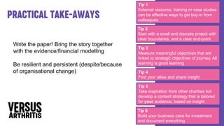 Practical take-aways
Tip 5
Take inspiration from other charities but
develop a content strategy that is tailored
for your audience, based on insight
Tip 4
Find your allies and share insight
Tip 3
Measure meaningful objectives that are
linked to strategic objectives of journey. All
learning is good learning
Tip 2
Start with a small and discrete project with
clear boundaries, and a clear end-point
Tip 1
External resource, training or case studies
can be effective ways to get buy-in from
colleagues
Write the paper! Bring the story together
with the evidence/financial modelling
Be resilient and persistent (despite/because
of organisational change)
Tip 6
Build your business case for investment
and document everything
 