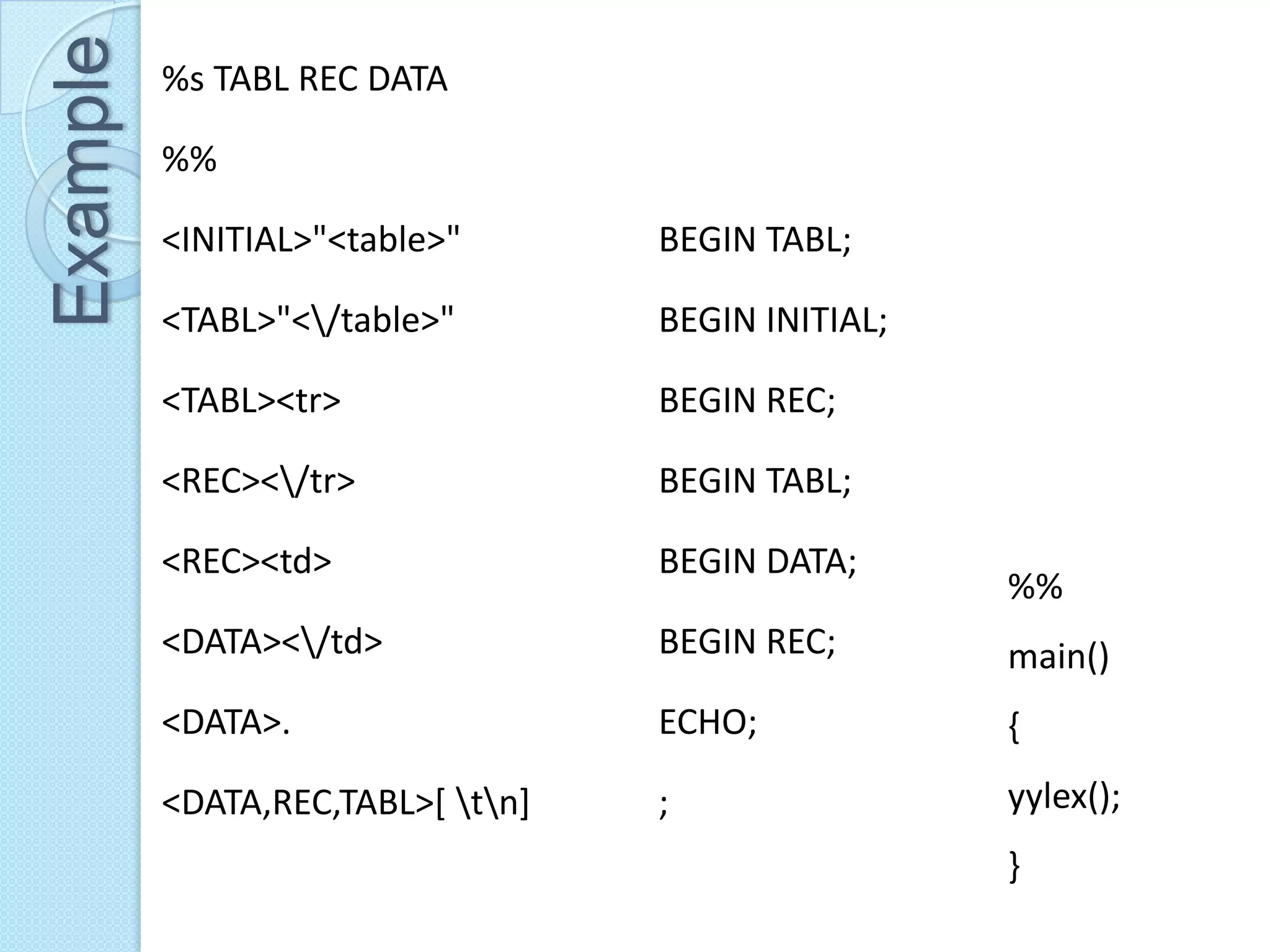 Example   %s TABL REC DATA

          %%

          <INITIAL>"<table>"       BEGIN TABL;

          <TABL>"</table>"        BEGIN INITIAL;

          <TABL><tr>               BEGIN REC;

          <REC></tr>              BEGIN TABL;

          <REC><td>                BEGIN DATA;
                                                    %%
          <DATA></td>             BEGIN REC;       main()
          <DATA>.                  ECHO;            {
          <DATA,REC,TABL>[ tn]   ;                yylex();
                                                    }
 