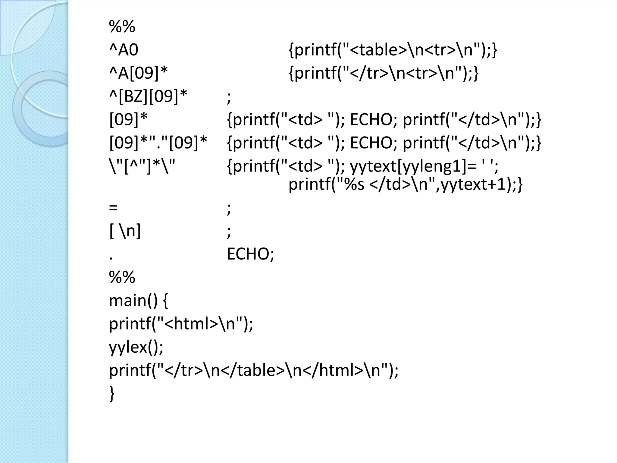 %%
^A0                     {printf("<table>n<tr>n");}
^A[09]*                 {printf("</tr>n<tr>n");}
^[BZ][09]*      ;
[09]*           {printf("<td> "); ECHO; printf("</td>n");}
[09]*"."[09]*   {printf("<td> "); ECHO; printf("</td>n");}
"[^"]*"       {printf("<td> "); yytext[yyleng1]= ' ';
                         printf("%s </td>n",yytext+1);}
=               ;
[ n]           ;
.               ECHO;
%%
main() {
printf("<html>n");
yylex();
printf("</tr>n</table>n</html>n");
}
 