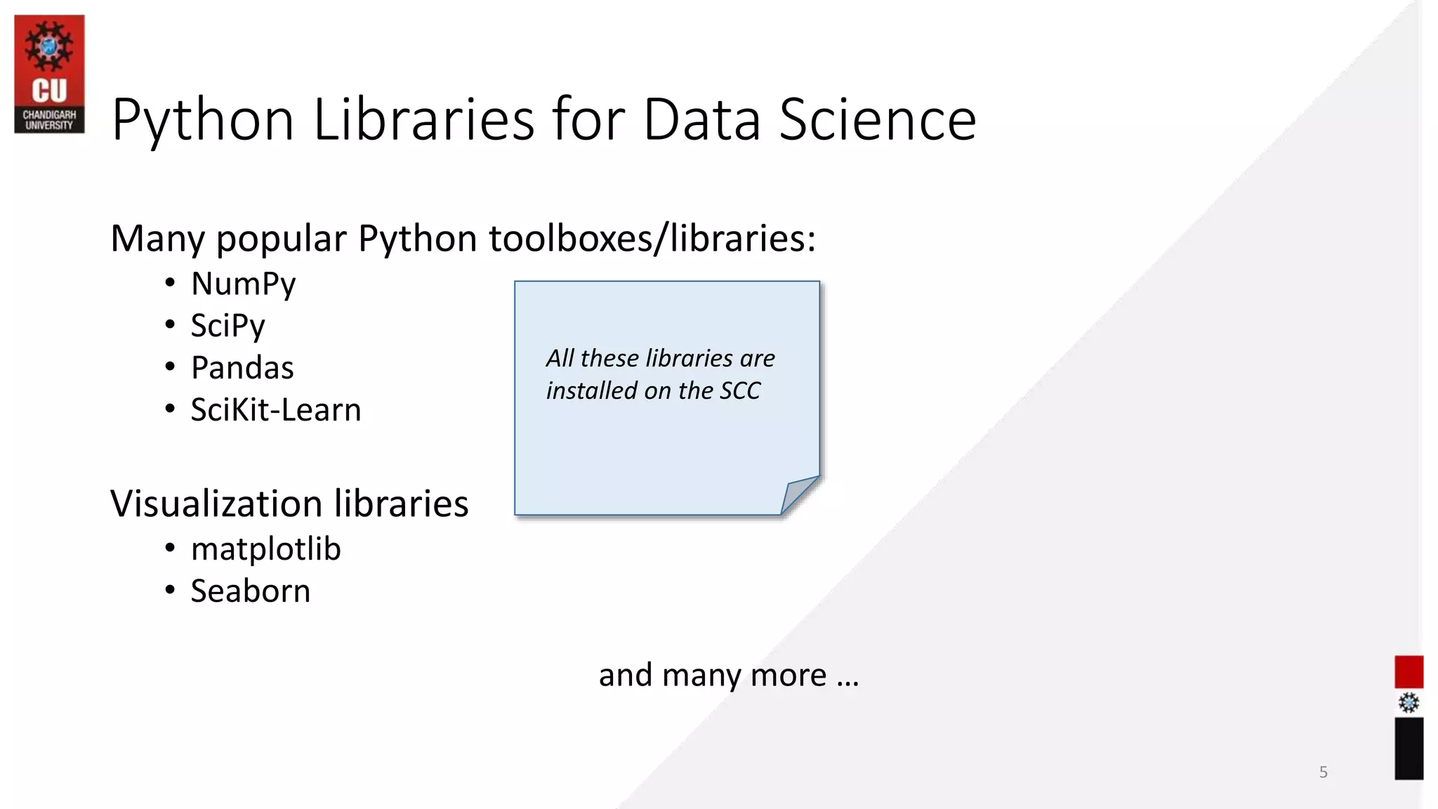 Python Libraries for Data Science
Many popular Python toolboxes/libraries:
• NumPy
• SciPy
• Pandas
• SciKit-Learn
Visualization libraries
• matplotlib
• Seaborn
and many more …
5
All these libraries are
installed on the SCC
 