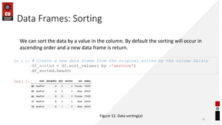 Data Frames: Sorting
35
We can sort the data by a value in the column. By default the sorting will occur in
ascending orde...