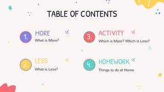 TABLE OF CONTENTS
1. MORE
What is More?
2. LESS
What is Less?
3. ACTIVITY
Which is More? Which is Less?
4. HOMEWORK
Things to do at Home